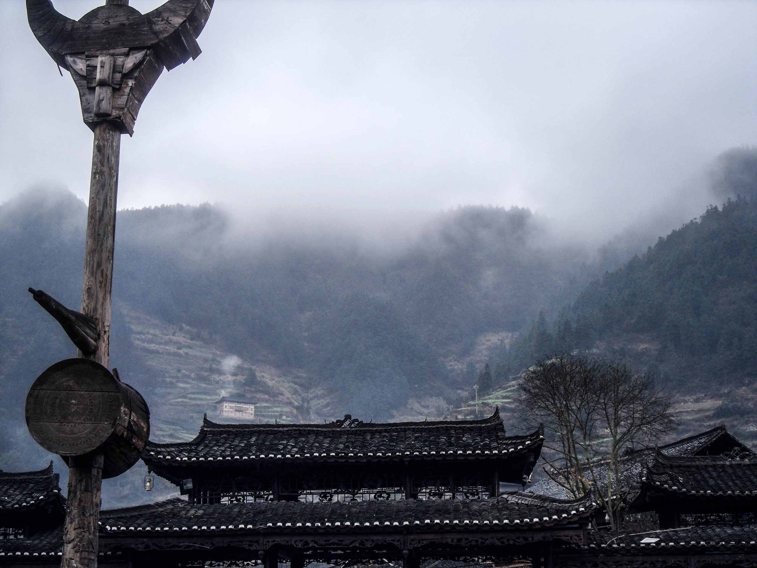 Xijiang Miao village courtyard mountain backdrop