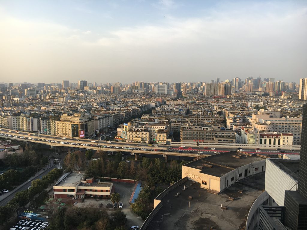 Rooftop view of Chengdu from my apartment