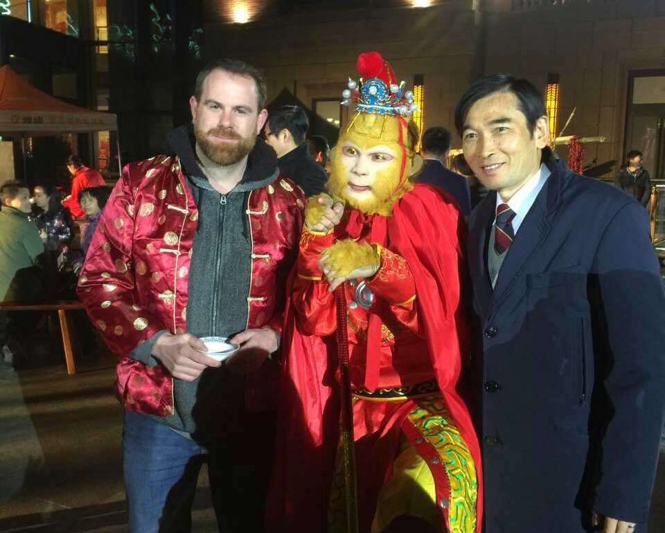 Teacher Andrew with the Monkey King Chinese New Year celebrations in 2016