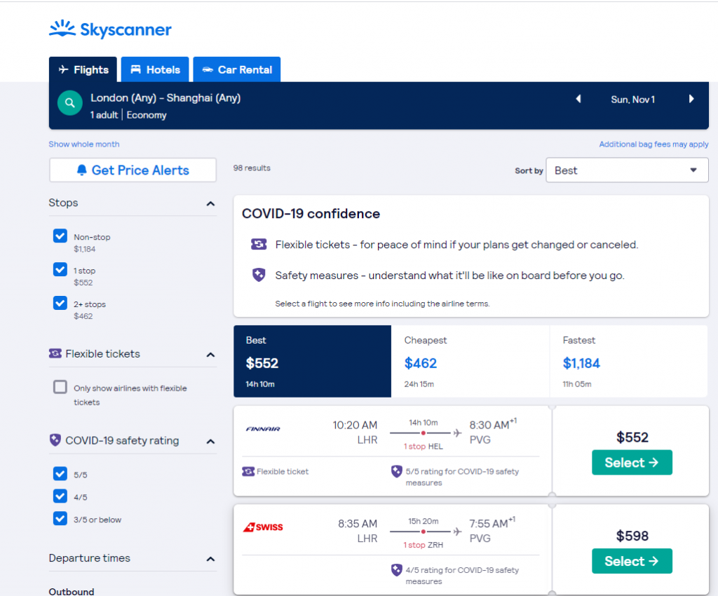 travelling back to china during coronavirus flight prices