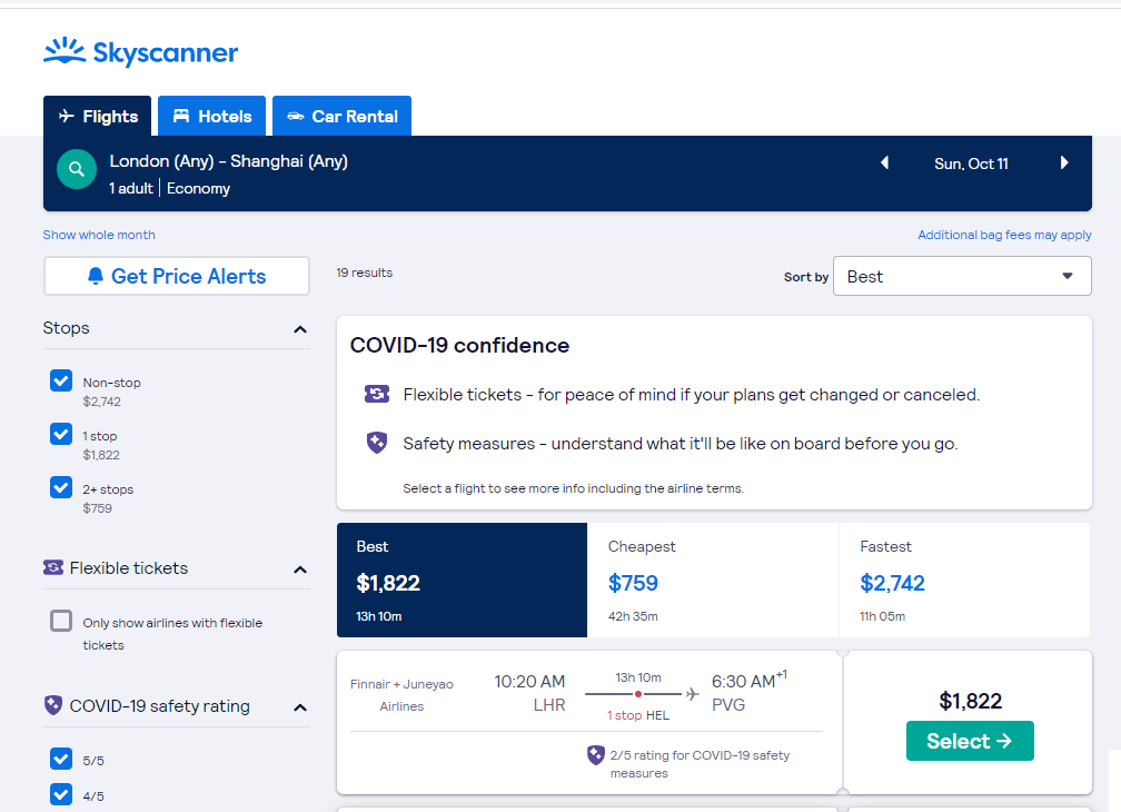 flight price on skyscanner from london to shanghai in 2 weeks time